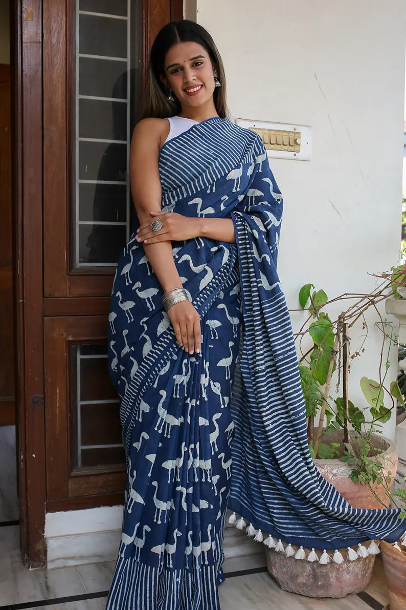 Indigo Flamingoes - Dabu Hand Block Print Mulmul Cotton Bagru Saree