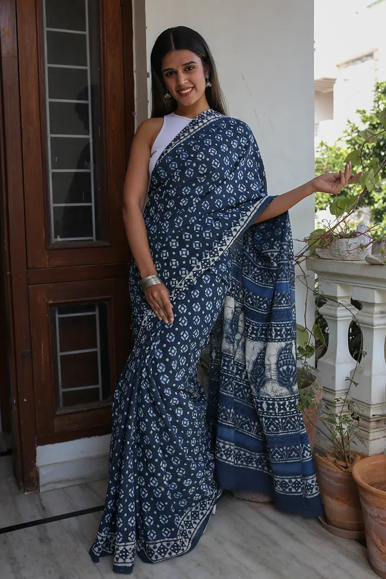 Twilight Grey - Dabu Hand Block Print Mulmul Cotton Bagru Saree