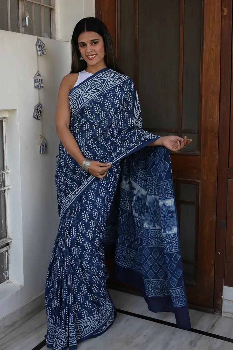 Indigo Dazzle - Dabu Hand Block Print Mulmul Cotton Bagru Saree