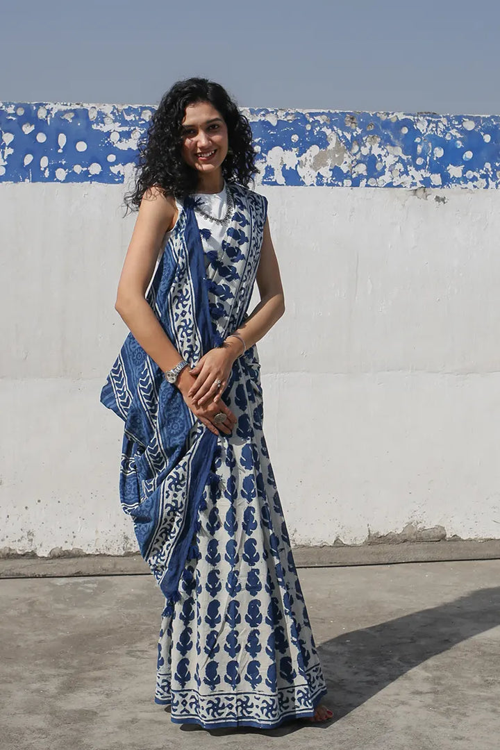 Indigo Paisley - Dabu Hand Block Print Mulmul Cotton Bagru Saree