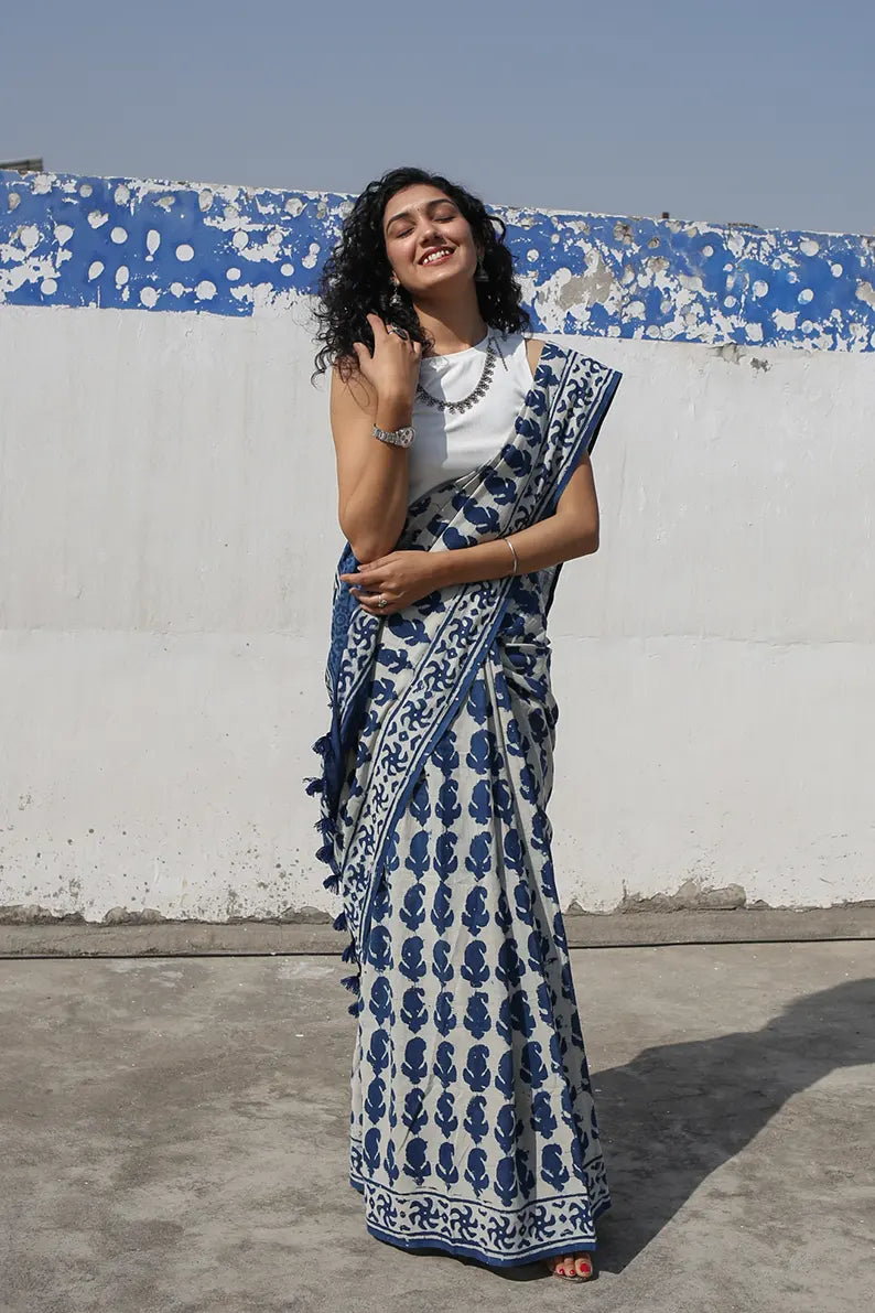 Indigo Paisley - Dabu Hand Block Print Mulmul Cotton Bagru Saree