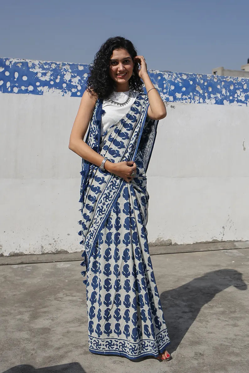 Indigo Paisley - Dabu Hand Block Print Mulmul Cotton Bagru Saree