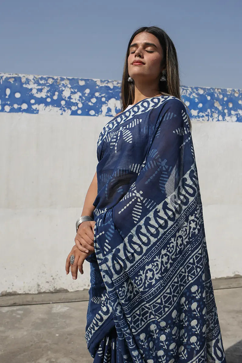 Indigo Dragonflies - Hand Block Print Mulmul Cotton Bagru Saree