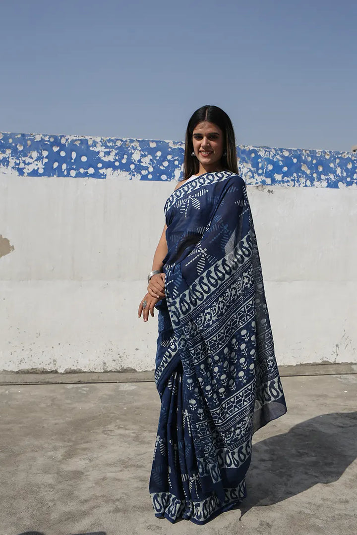 Indigo Dragonflies - Hand Block Print Mulmul Cotton Bagru Saree