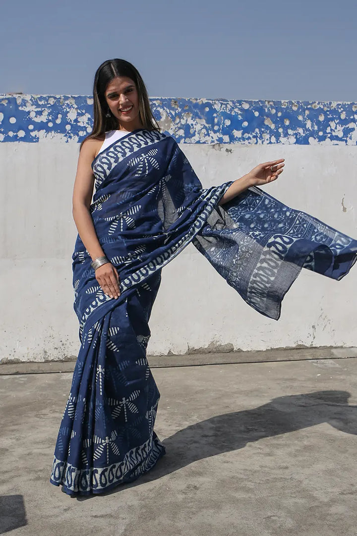 Indigo Dragonflies - Hand Block Print Mulmul Cotton Bagru Saree