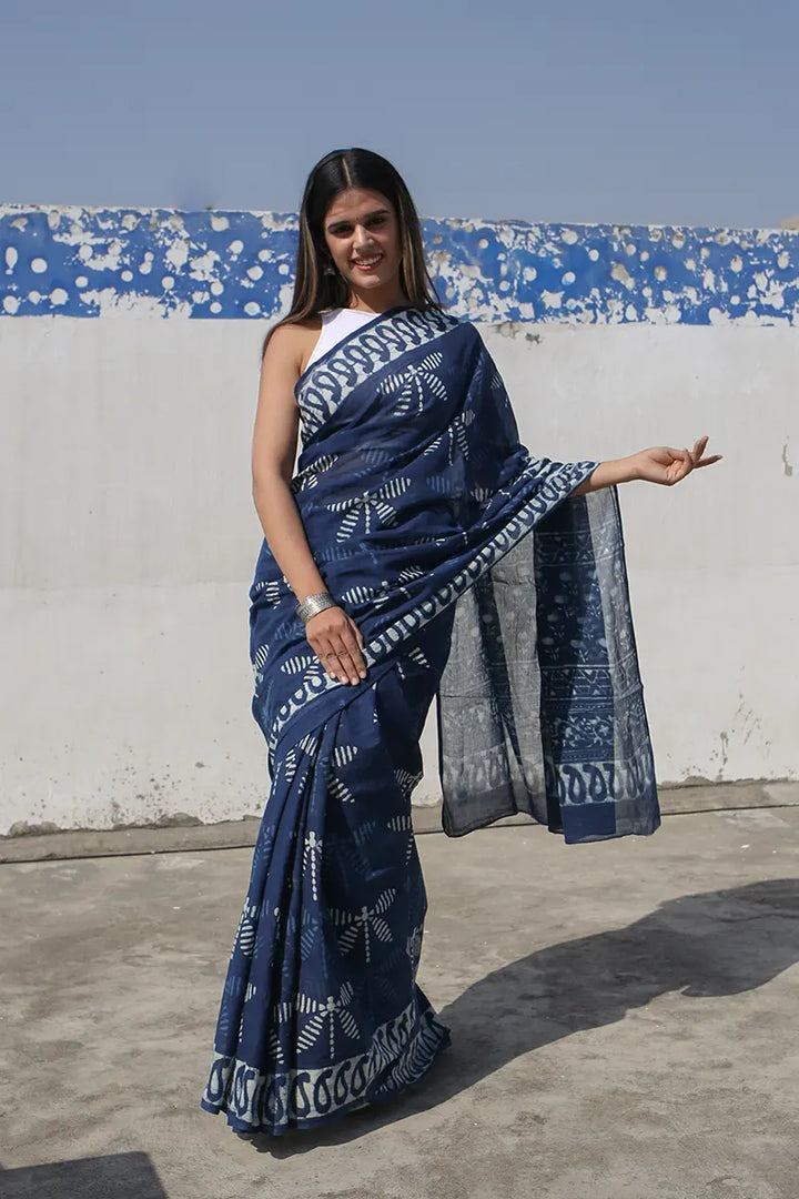 Indigo Dragonflies - Hand Block Print Mulmul Cotton Bagru Saree