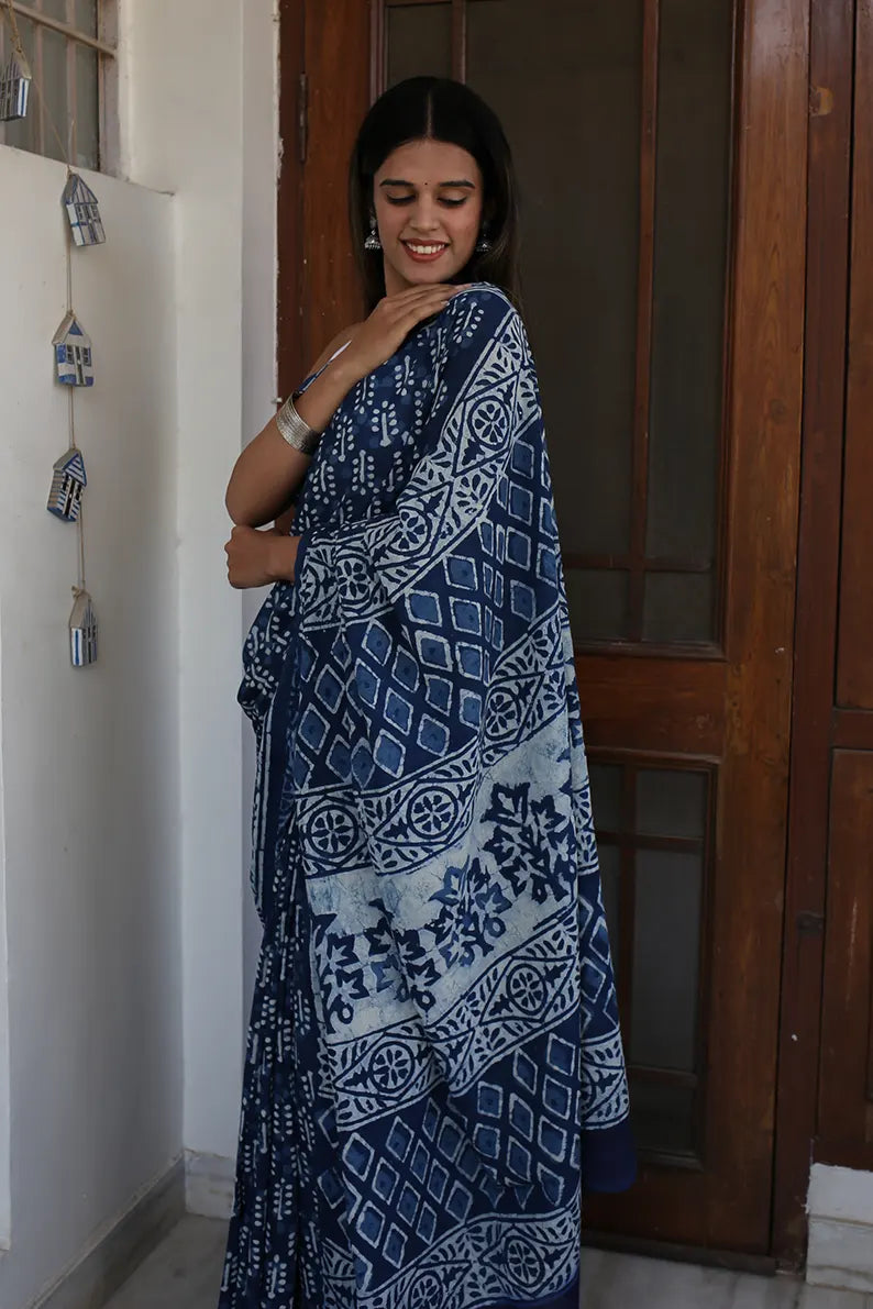 Indigo Dazzle - Dabu Hand Block Print Mulmul Cotton Bagru Saree