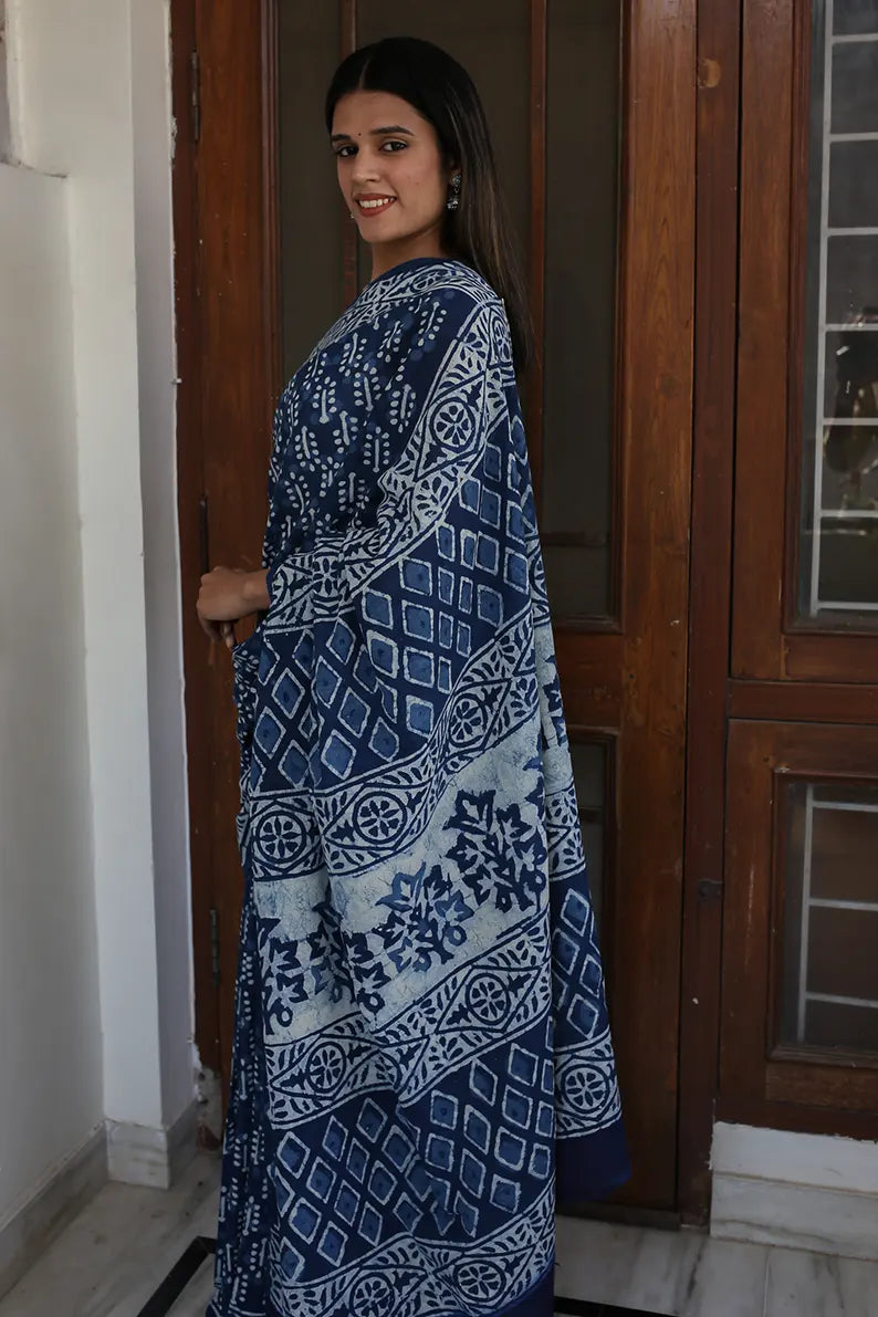 Indigo Dazzle - Dabu Hand Block Print Mulmul Cotton Bagru Saree