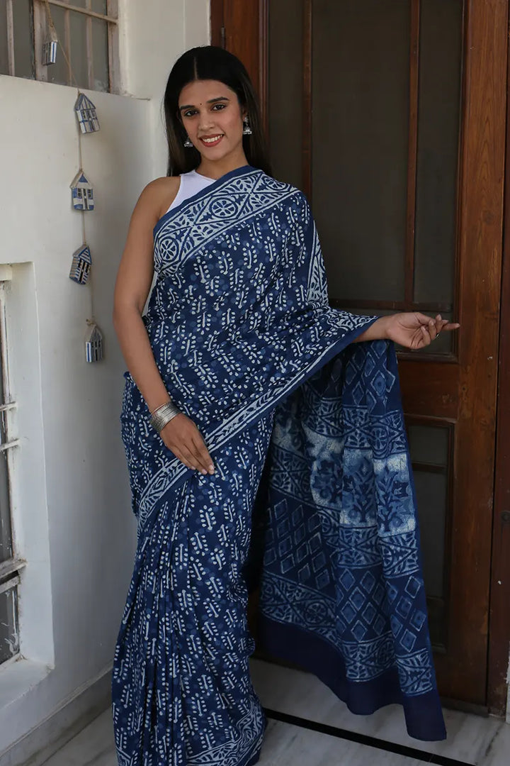 Indigo Dazzle - Dabu Hand Block Print Mulmul Cotton Bagru Saree