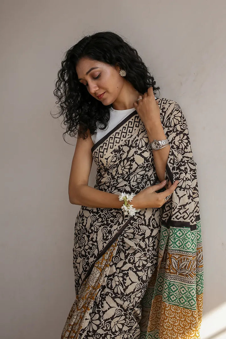 Spring Garden - Dabu Hand Block Print Mulmul Cotton Bagru Saree