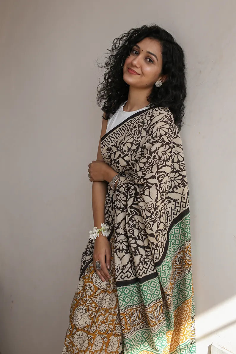 Spring Garden - Dabu Hand Block Print Mulmul Cotton Bagru Saree