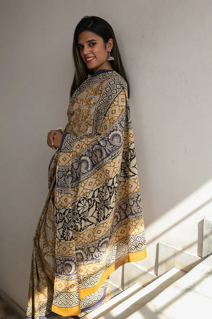 Mustard Fields - Dabu Hand Block Print Mulmul Cotton Bagru Saree