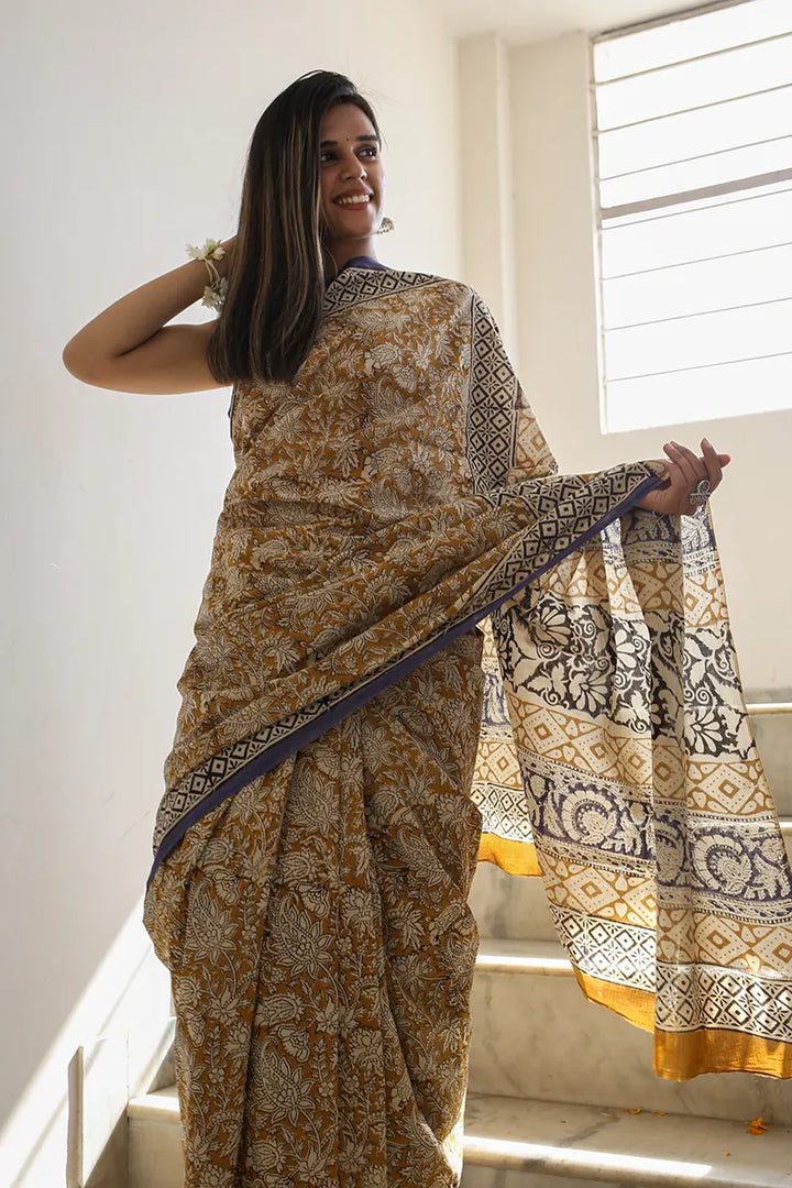 Mustard Fields - Dabu Hand Block Print Mulmul Cotton Bagru Saree