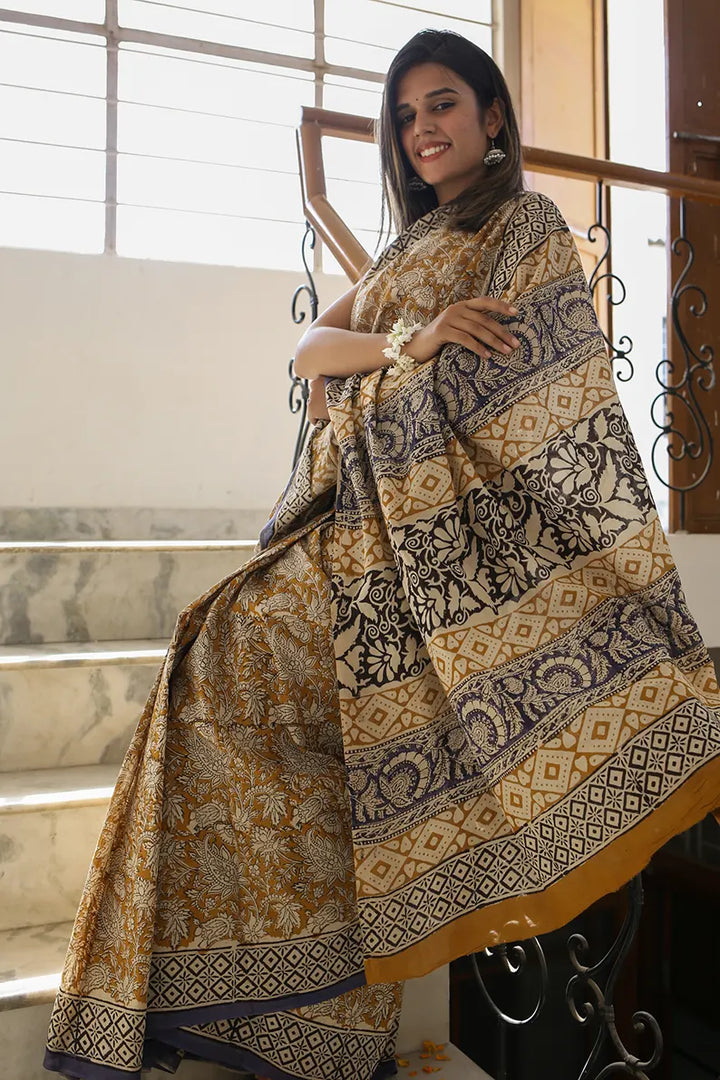 Mustard Fields - Dabu Hand Block Print Mulmul Cotton Bagru Saree