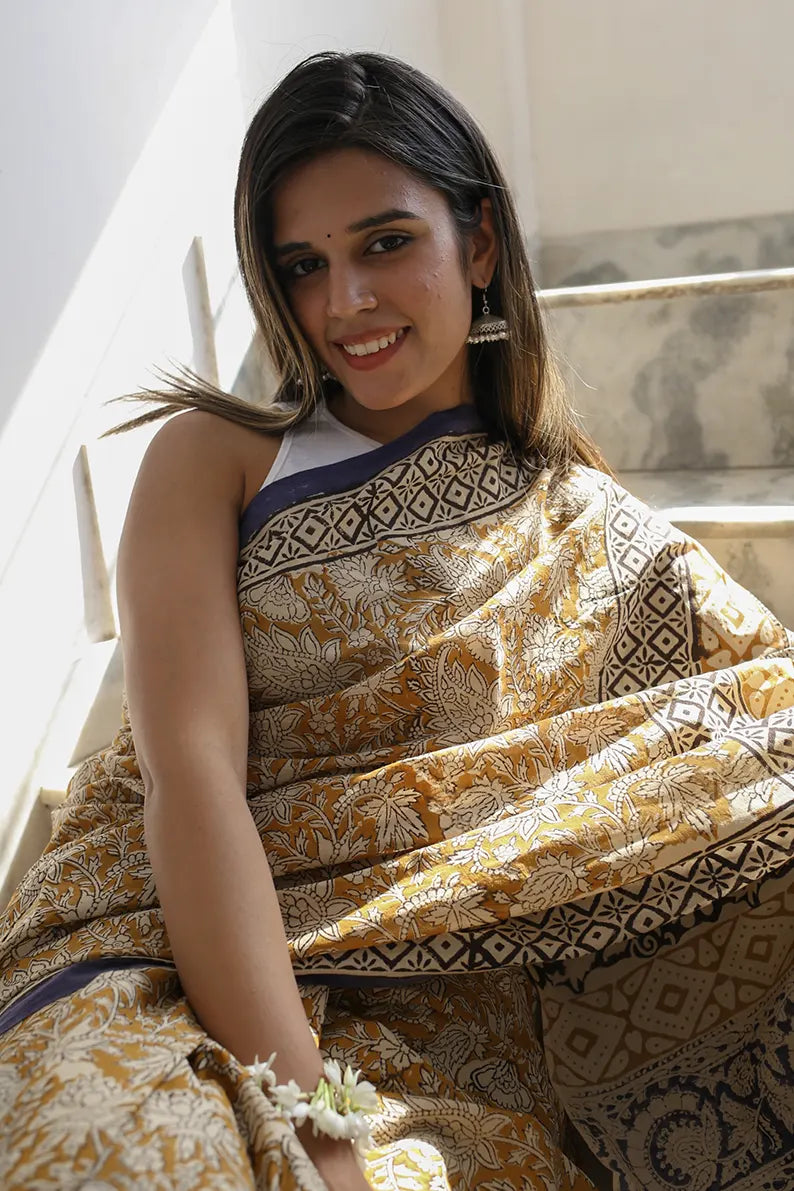 Mustard Fields - Dabu Hand Block Print Mulmul Cotton Bagru Saree