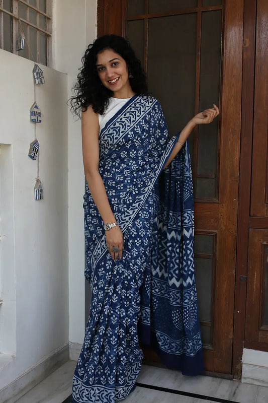 Indigo Bloom - Dabu Hand Block Print Mulmul Cotton Bagru Saree