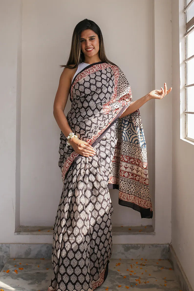 Retro Vibes - Dabu Hand Block Print Mulmul Cotton Bagru Saree