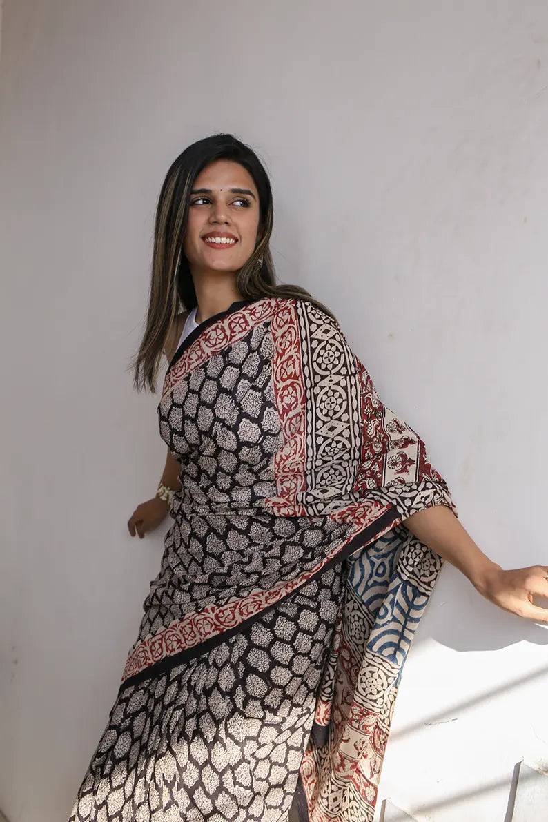 Retro Vibes - Dabu Hand Block Print Mulmul Cotton Bagru Saree