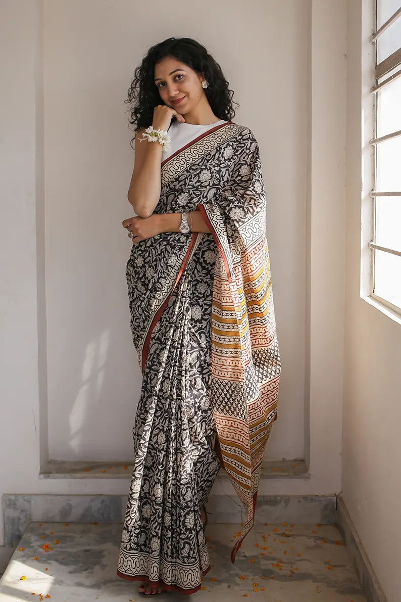 Afternoon Sun - Dabu Hand Block Print Mulmul Cotton Bagru Saree
