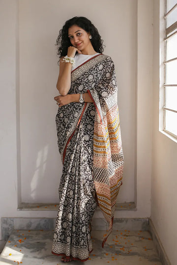 Afternoon Sun - Dabu Hand Block Print Mulmul Cotton Bagru Saree