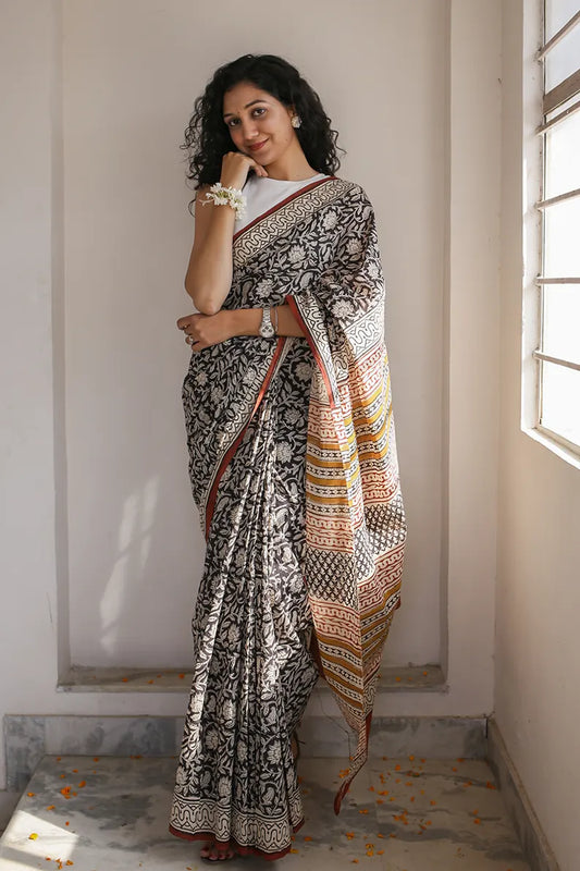 Afternoon Sun - Dabu Hand Block Print Mulmul Cotton Bagru Saree