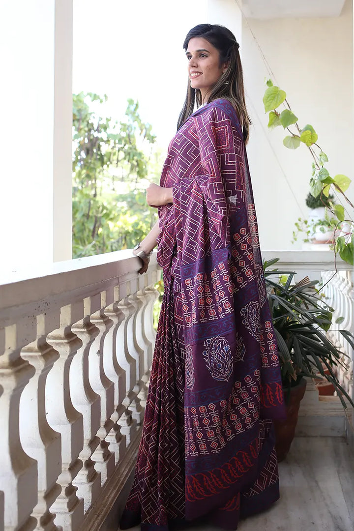 Magical Mauve - Hand Block Print Mulmul Cotton Bagru Saree