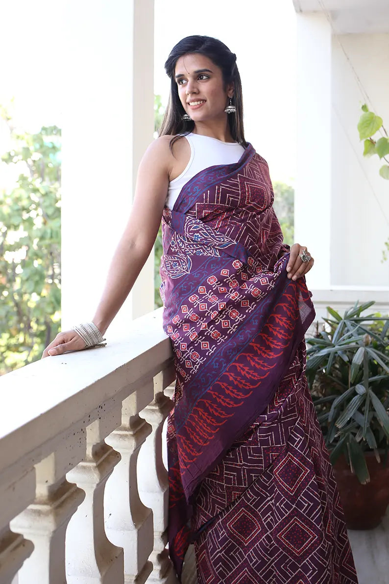 Magical Mauve - Hand Block Print Mulmul Cotton Bagru Saree