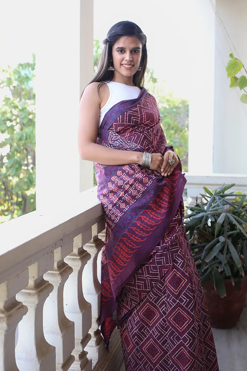 Magical Mauve - Hand Block Print Mulmul Cotton Bagru Saree