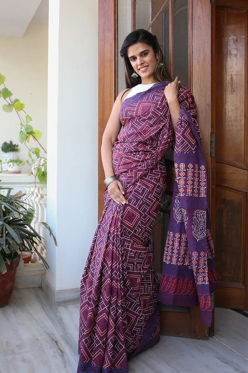 Magical Mauve - Hand Block Print Mulmul Cotton Bagru Saree