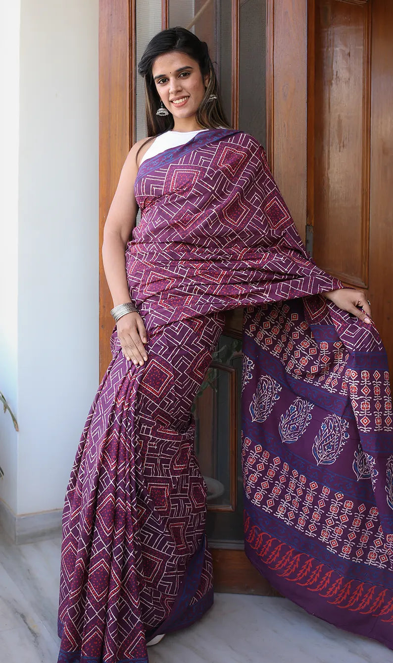 Magical Mauve - Hand Block Print Mulmul Cotton Bagru Saree