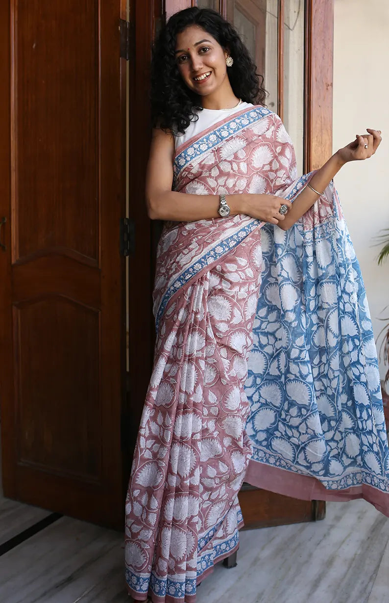 Sea Breeze - Hand Block Print Mulmul Cotton Bagru Saree