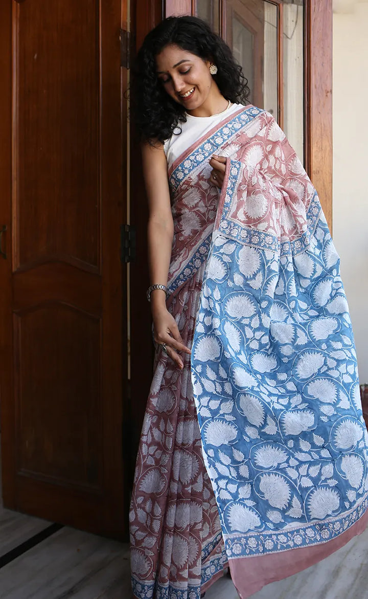 Sea Breeze - Hand Block Print Mulmul Cotton Bagru Saree