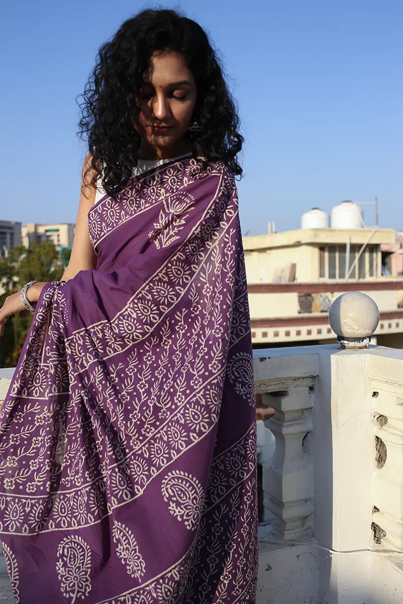 Enchanted Grape - Hand Block Print Mulmul Cotton Bagru Saree