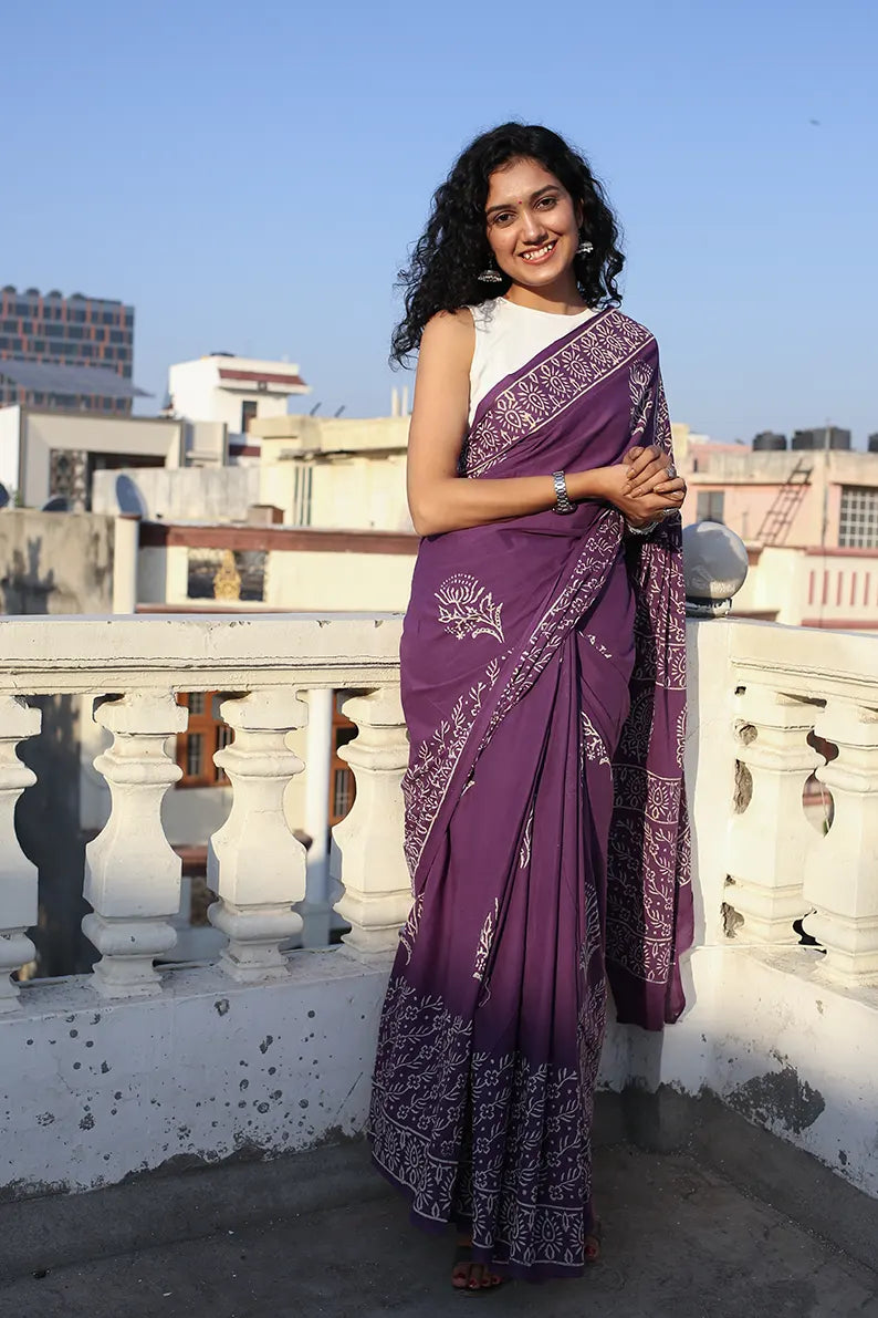 Enchanted Grape - Hand Block Print Mulmul Cotton Bagru Saree