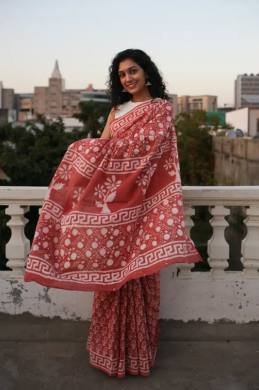 Dear Rosie - Hand Block Printed Mulmul Cotton Bagru Saree