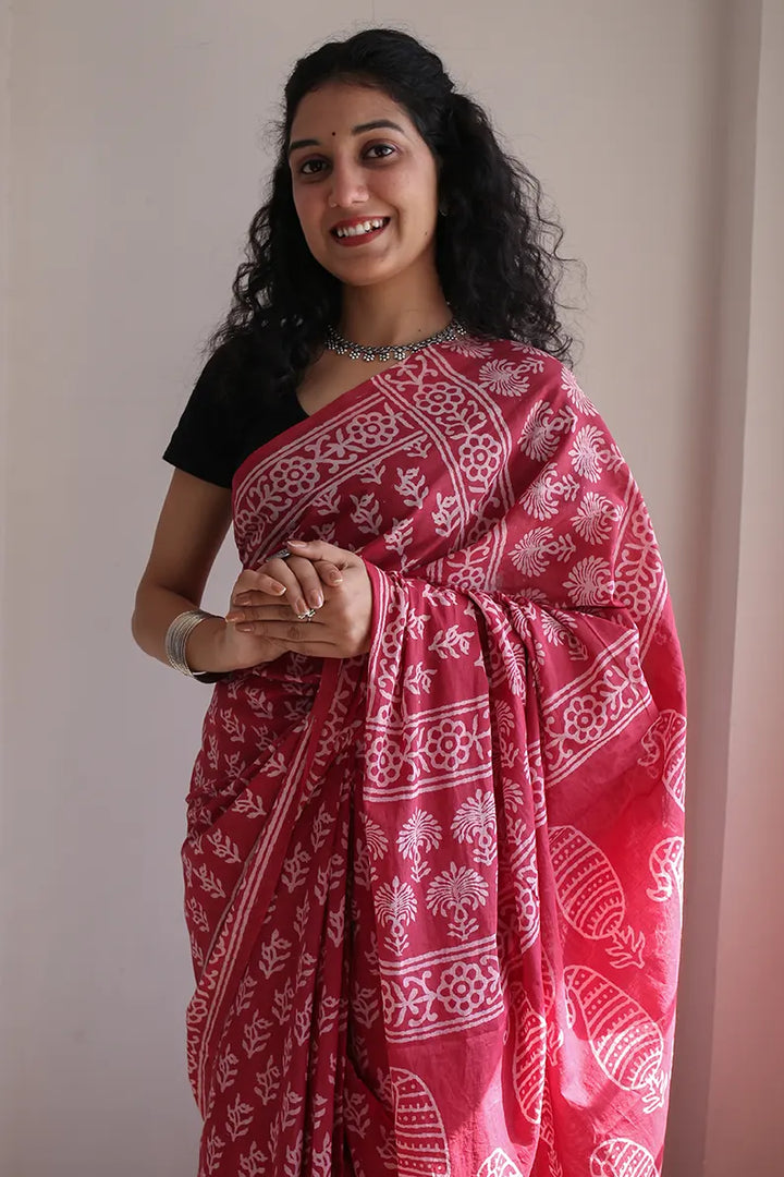 Dipped in Red - Hand Block Printed Mulmul Cotton Bagru Saree