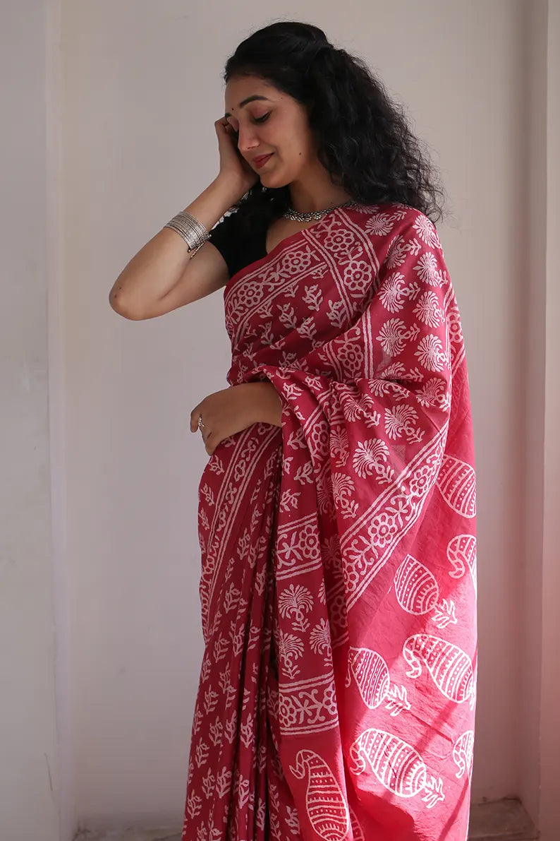 Dipped in Red - Hand Block Printed Mulmul Cotton Bagru Saree