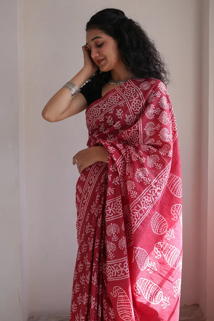 Dipped in Red - Hand Block Printed Mulmul Cotton Bagru Saree