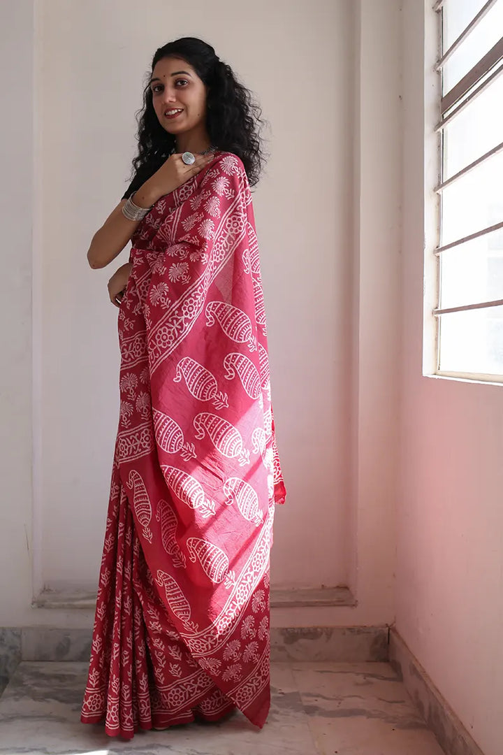 Dipped in Red - Hand Block Printed Mulmul Cotton Bagru Saree