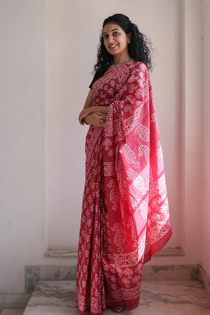 Dipped in Red - Hand Block Printed Mulmul Cotton Bagru Saree