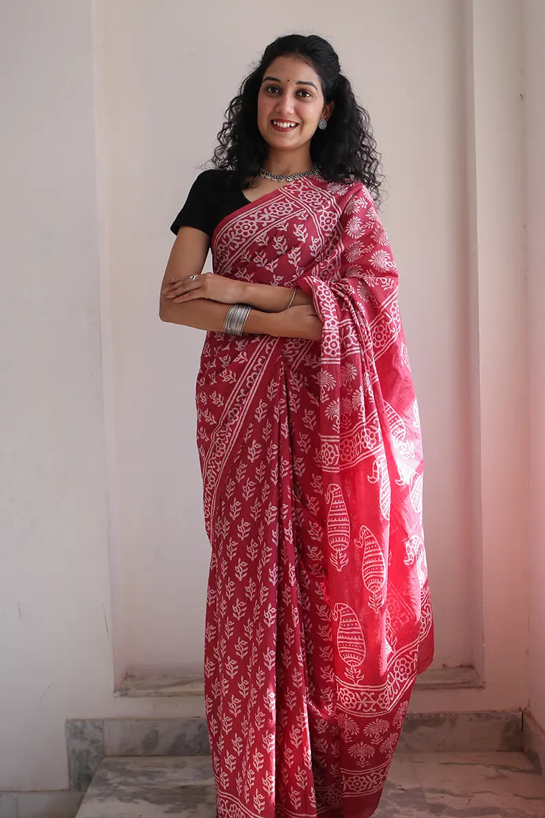 Dipped in Red - Hand Block Printed Mulmul Cotton Bagru Saree