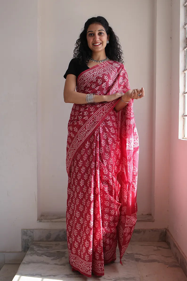 Dipped in Red - Hand Block Printed Mulmul Cotton Bagru Saree