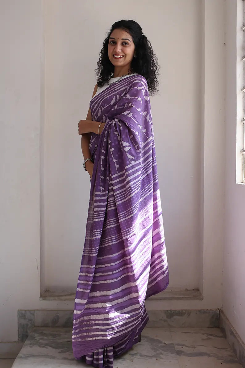 Little Birdies - Hand Block Print Mulmul Cotton Bagru Saree