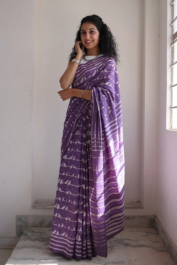 Little Birdies - Hand Block Print Mulmul Cotton Bagru Saree