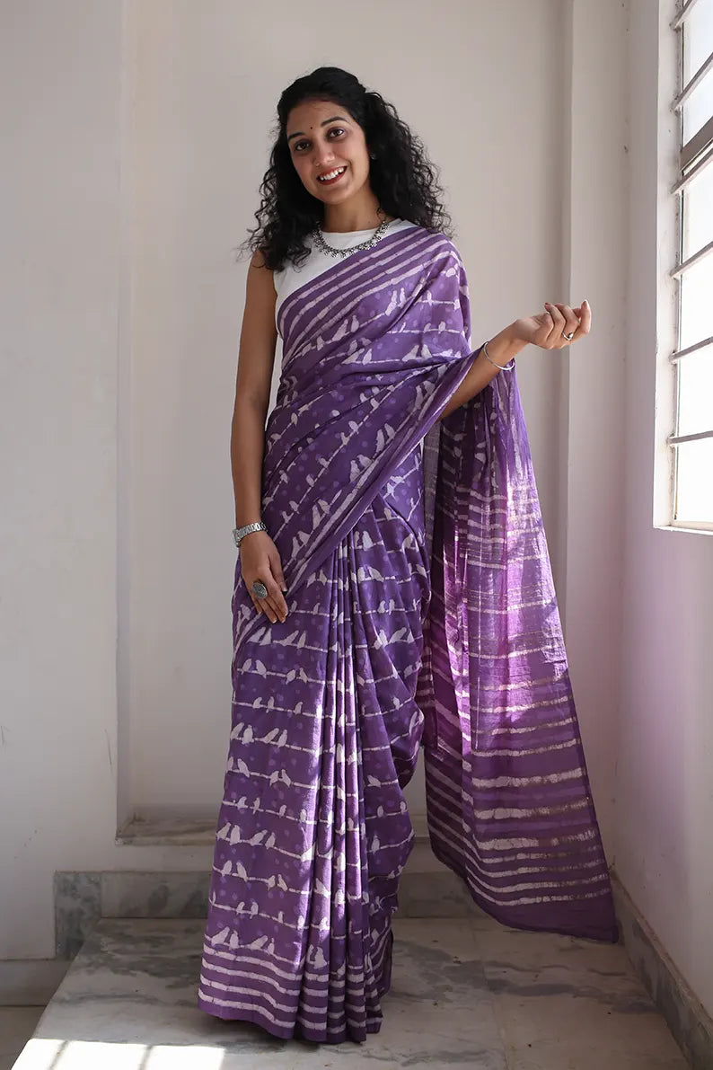 Little Birdies - Hand Block Print Mulmul Cotton Bagru Saree