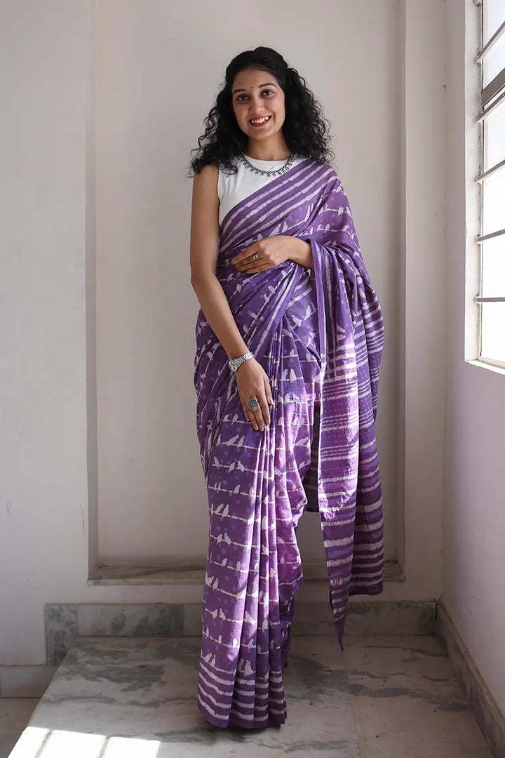 Little Birdies - Hand Block Print Mulmul Cotton Bagru Saree