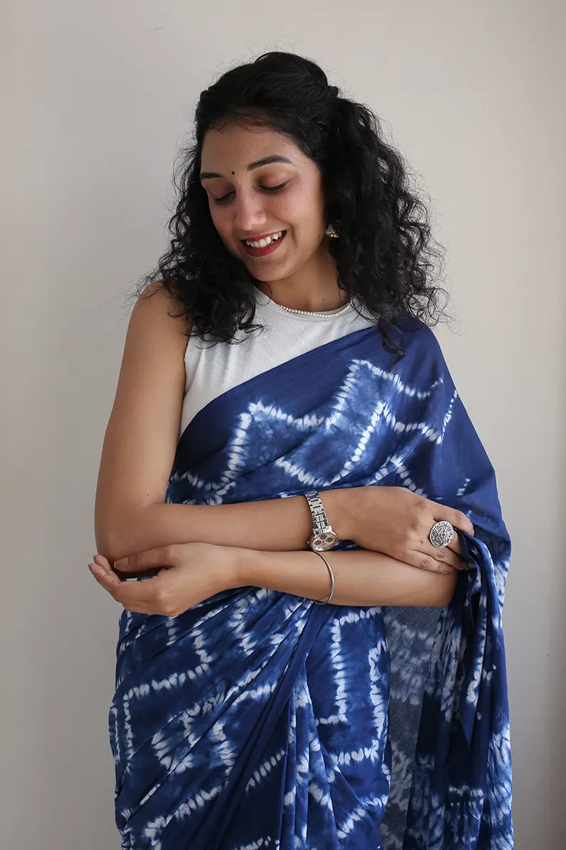 Blue Moon - Tie-Dye Mulmul Cotton Bagru Saree