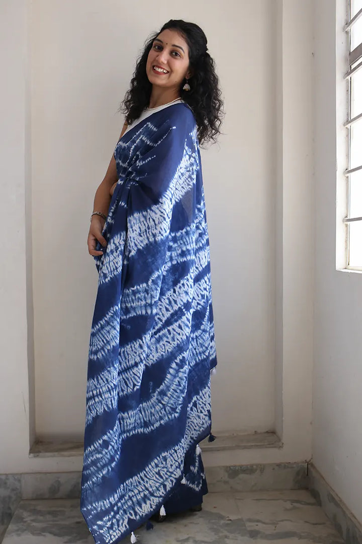 Blue Moon - Tie-Dye Mulmul Cotton Bagru Saree