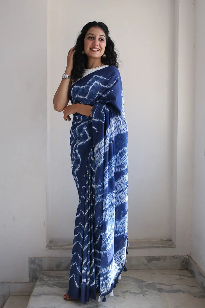 Blue Moon - Tie-Dye Mulmul Cotton Bagru Saree