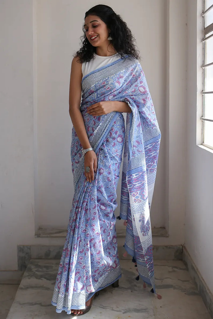 Whimsical Blue - Hand Block Print Mulmul Cotton Bagru Saree